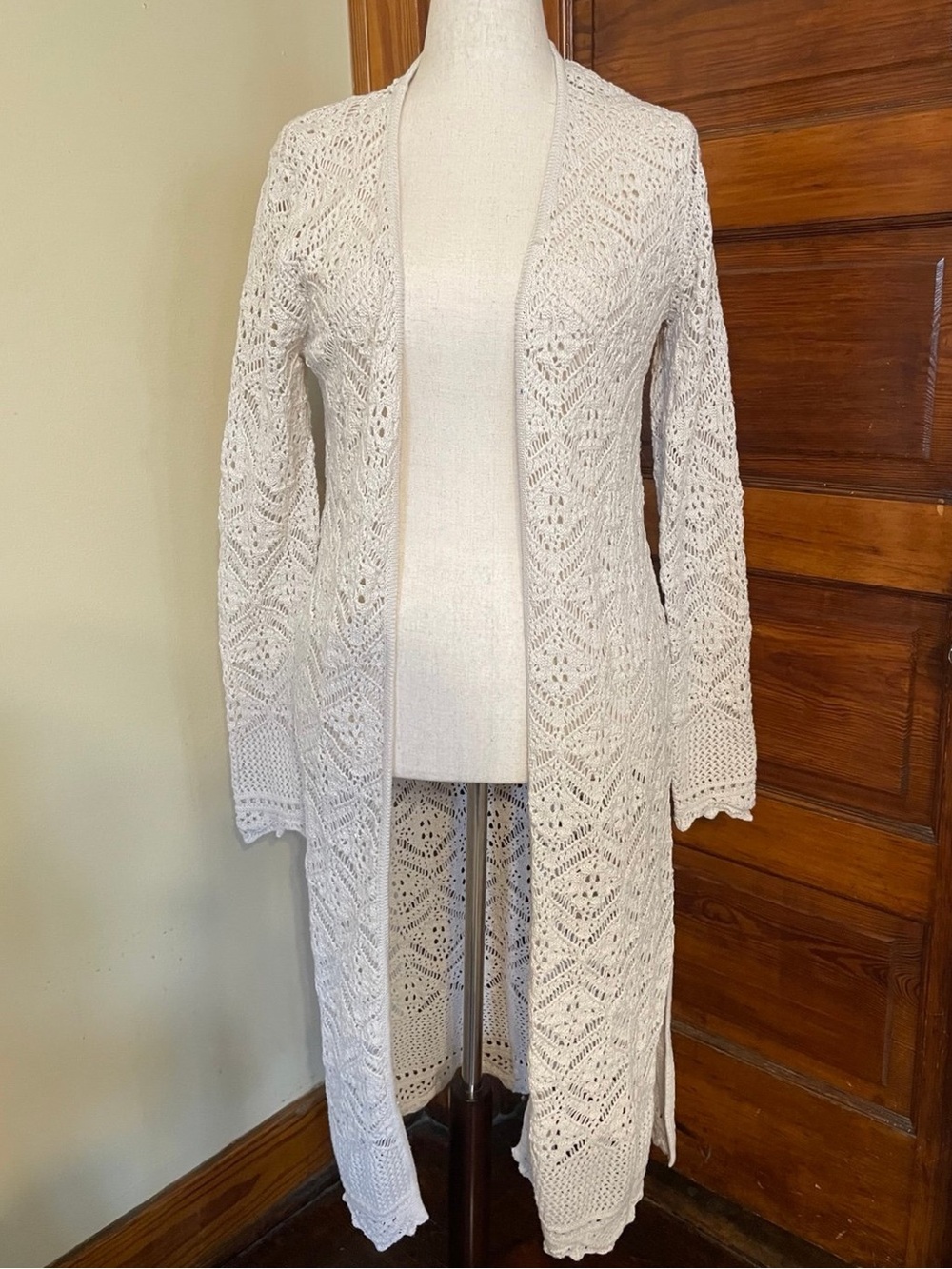 Long Open-Front Ivory Crochet Cardigan Sweater